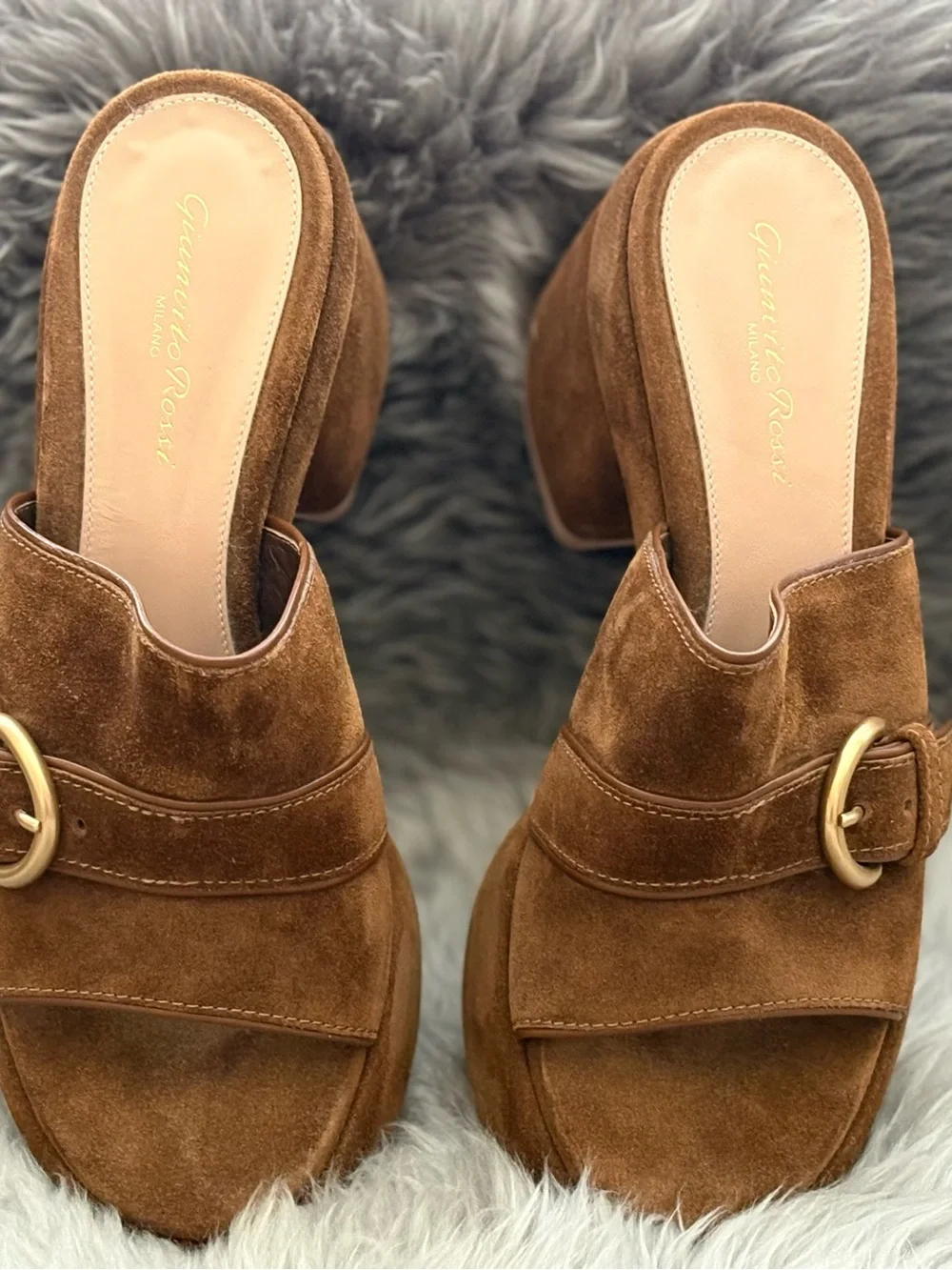Gianvito Rossi Brown Suede Platform Mule Slides with Gold Buckle